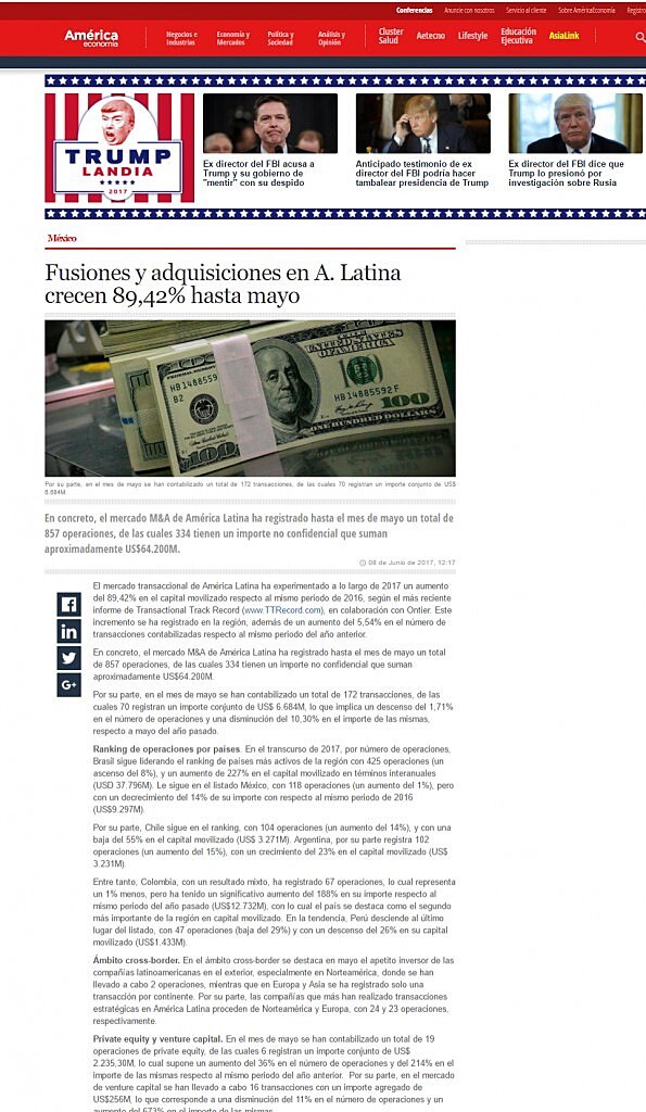 Fusiones y adquisiciones en A. Latina crecen 89,42% hasta mayo